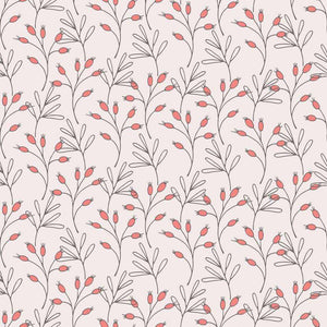 Seamless pattern with stylized red berries and gray leaves on a light background