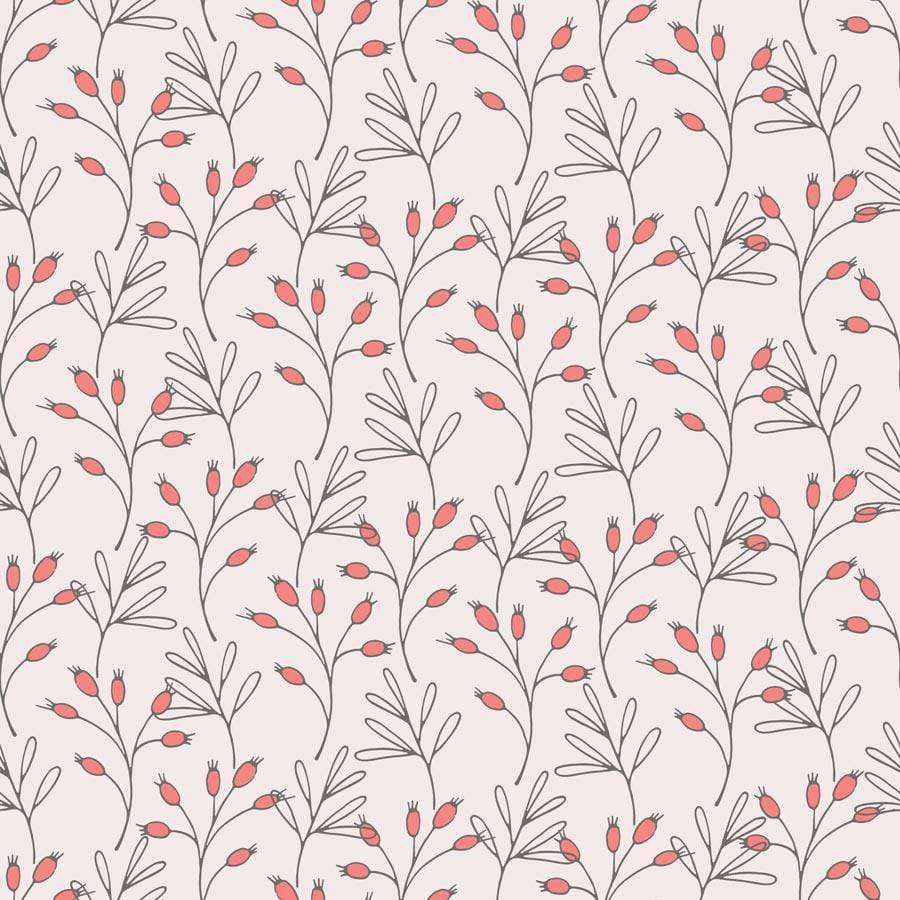 Seamless pattern with stylized red berries and gray leaves on a light background