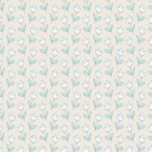 Stylized light blue and white floral pattern on a pale background