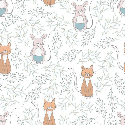 Cute cartoon cats and mice amidst green foliage on a pale background