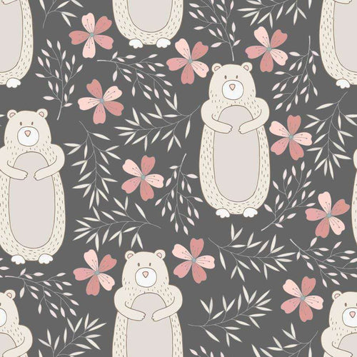 Cute bear and floral pattern on gray background