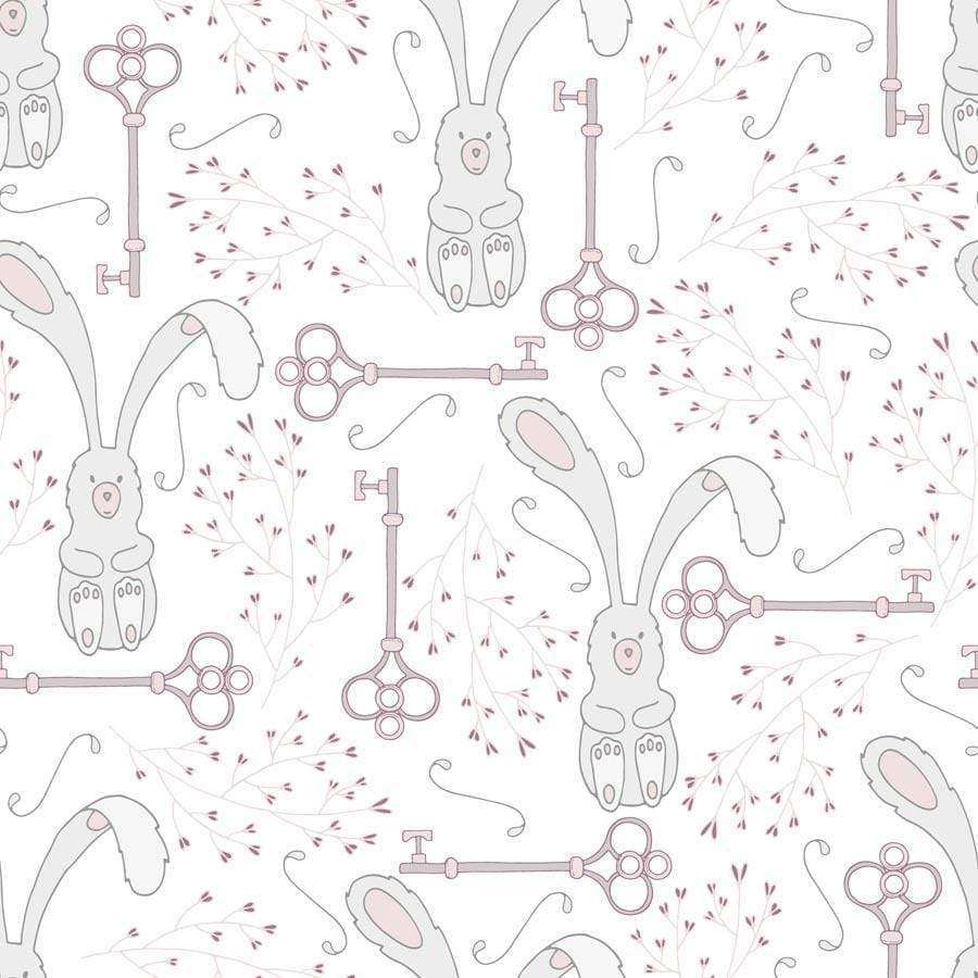 Illustration of playful rabbits intertwined with antique keys and delicate flora