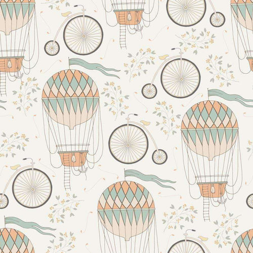 Retro hot air balloons and bicycles with floral accents pattern