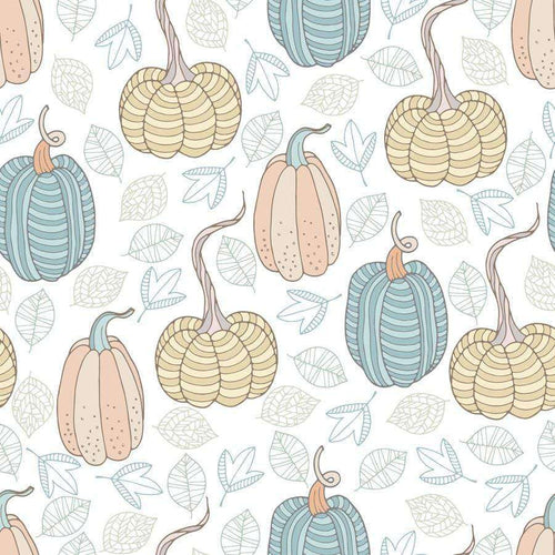 Illustrated pattern of colorful pumpkins and leaves