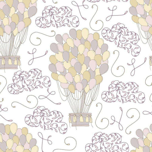 Pastel balloon clusters with whimsical swirls and decorative elements on a light background