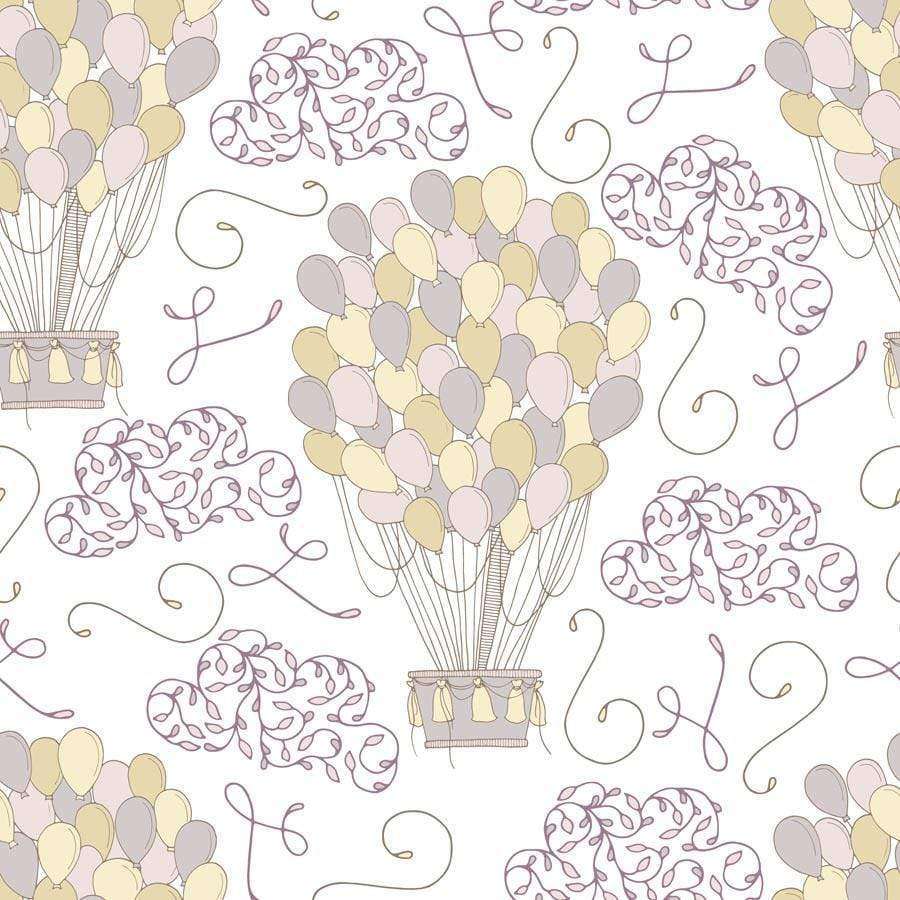 Pastel balloon clusters with whimsical swirls and decorative elements on a light background